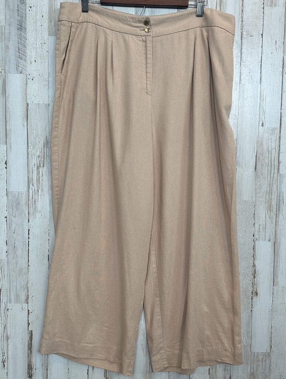 Anne Klein Linen Blend Wide Leg Pleated Pants Sz 14 Tan Crop Coastal Preppy EUC